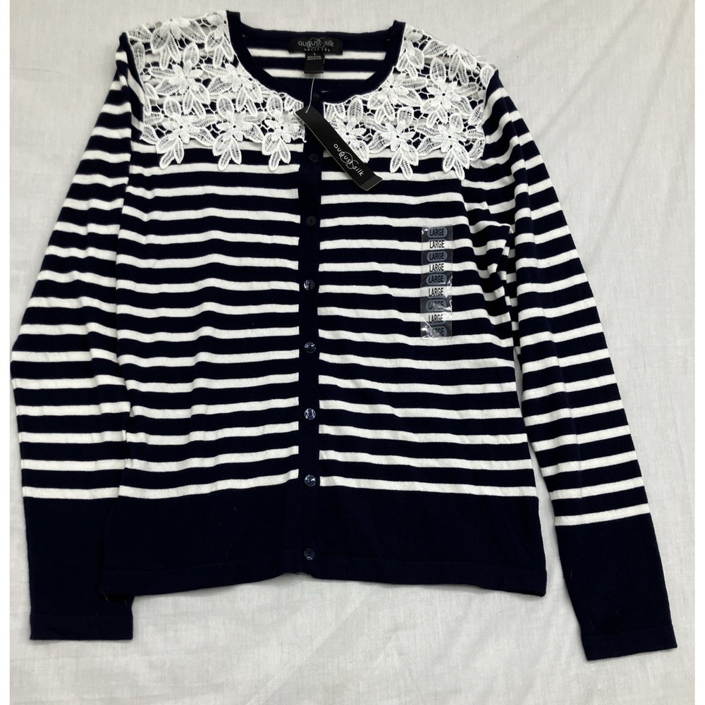 August Silk Heritage Cardigan Women L Navy Blue Striped Lace Applique Nautical - Picture 1 of 7